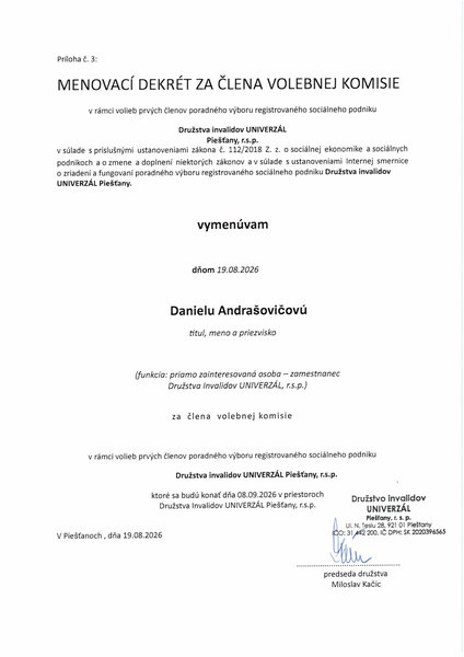 Menovací dekrét – Daniela Andrašovičová